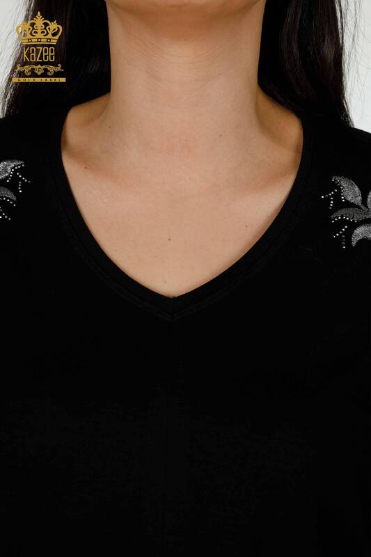 Toptan Kadın Bluz Gül Desenli Siyah - 79095 | KAZEE