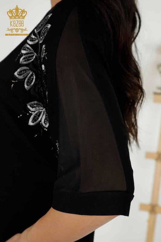 Toptan Kadın Bluz Gül Desenli Siyah - 79095 | KAZEE