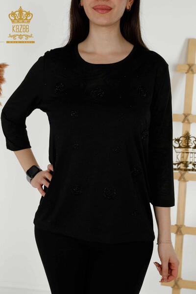 Toptan Kadın Bluz Gül Desenli Siyah - 79131 | KAZEE - Thumbnail