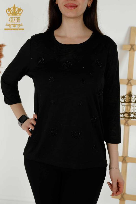 Toptan Kadın Bluz Gül Desenli Siyah - 79131 | KAZEE