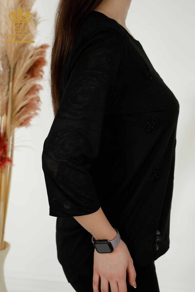 Toptan Kadın Bluz Gül Desenli Siyah - 79131 | KAZEE - Thumbnail