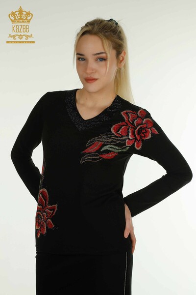 Kazee - Toptan Kadın Bluz Gül Desenli Siyah - 79378 | KAZEE