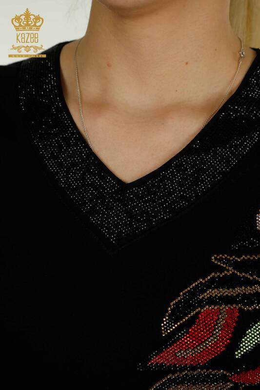 Toptan Kadın Bluz Gül Desenli Siyah - 79378 | KAZEE