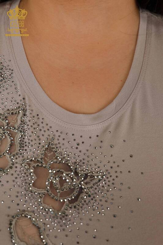 Toptan Kadın Bluz Gül Desenli Tül Detaylı Taşlı - 78999 | KAZEE