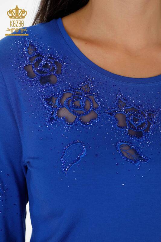 Toptan Kadın Bluz Gül Desenli Tül Detaylı Taşlı - 78999 | KAZEE
