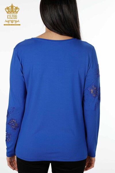 Toptan Kadın Bluz Gül Desenli Tül Detaylı Taşlı - 78999 | KAZEE - Thumbnail