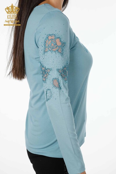 Toptan Kadın Bluz Gül Desenli Tül Detaylı Taşlı - 78999 | KAZEE - Thumbnail