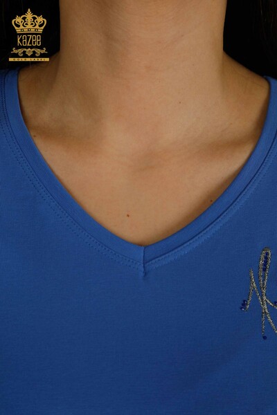 Toptan Kadın Bluz Gül Nakışlı Saks - 79867 | KAZEE - Thumbnail