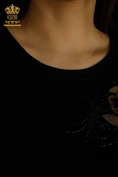 Toptan Kadın Bluz Gül Nakışlı Siyah - 79541 | KAZEE - Thumbnail