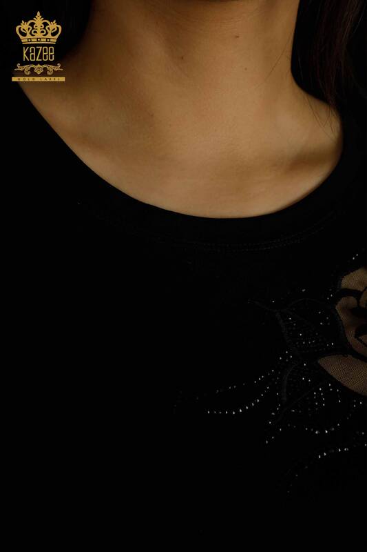 Toptan Kadın Bluz Gül Nakışlı Siyah - 79541 | KAZEE