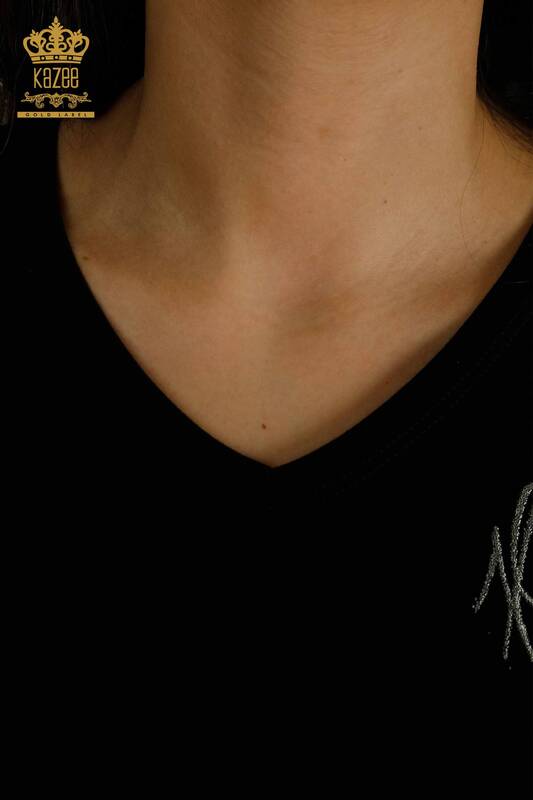 Toptan Kadın Bluz Gül Nakışlı Siyah - 79867 | KAZEE