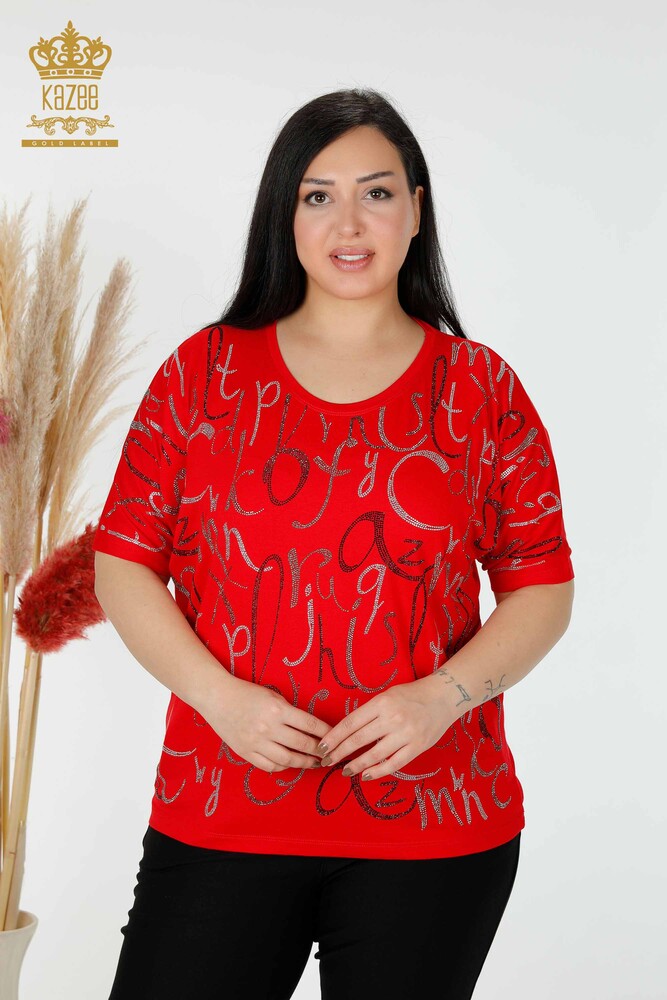 Toptan Kadın Bluz Harf Detaylı Kırmızı - 78833 | KAZEE - 1