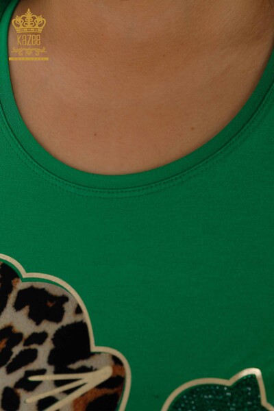 Toptan Kadın Bluz Hayvan Figürlü Yazı Detaylı Taşlı - 79013 | KAZEE - Thumbnail