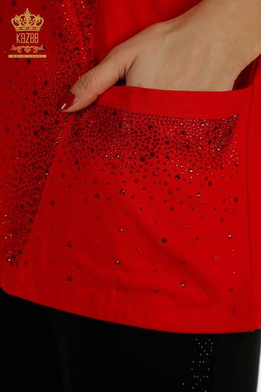 Toptan Kadın Bluz İki Cepli Kısa Kol Kırmızı - 79293 | KAZEE