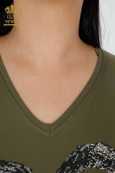 Toptan Kadın Bluz Kalp Desenli Haki - 77711 | KAZEE - Thumbnail