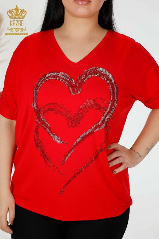 Toptan Kadın Bluz Kalp Desenli Kırmızı - 77711 | KAZEE