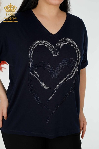 Toptan Kadın Bluz Kalp Desenli Lacivert - 77711 | KAZEE - Thumbnail