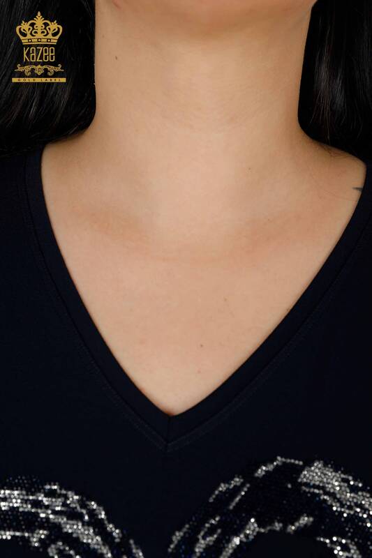 Toptan Kadın Bluz Kalp Desenli Lacivert - 77711 | KAZEE