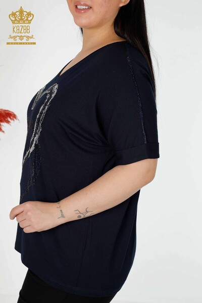 Toptan Kadın Bluz Kalp Desenli Lacivert - 77711 | KAZEE - Thumbnail
