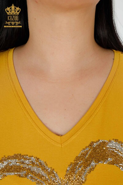 Toptan Kadın Bluz Kalp Desenli Safran - 77711 | KAZEE - Thumbnail