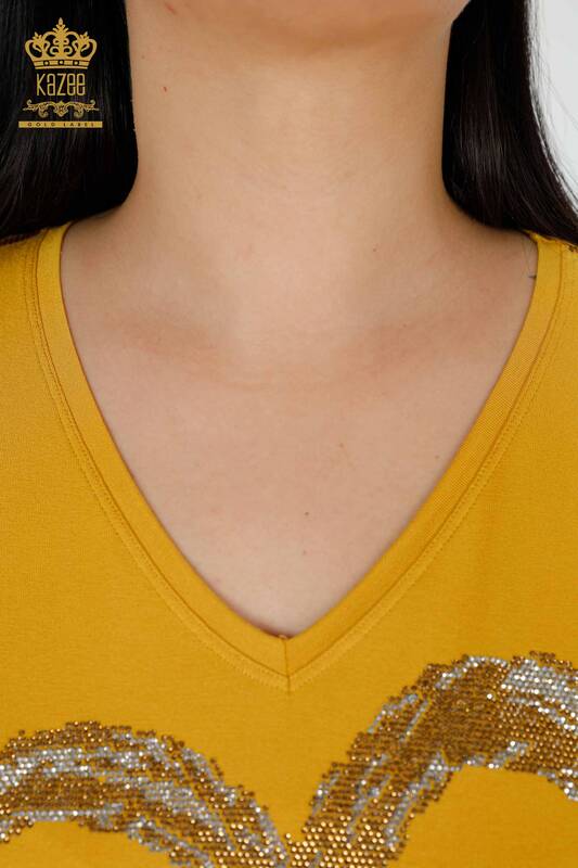 Toptan Kadın Bluz Kalp Desenli Safran - 77711 | KAZEE