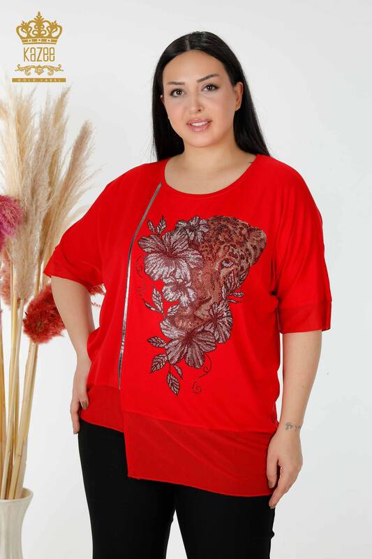 Toptan Kadın Bluz Kaplan Çiçek Desenli Kırmızı - 79029 | KAZEE
