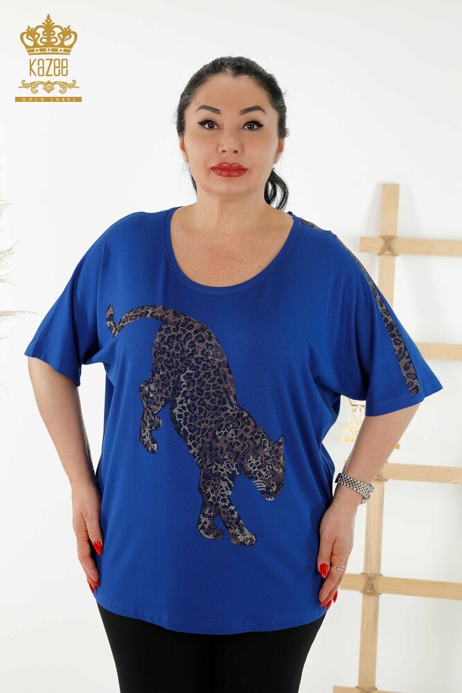 Toptan Kadın Bluz Kaplan Detaylı Saks - 77683 | KAZEE - 1