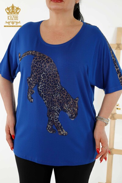 Toptan Kadın Bluz Kaplan Detaylı Saks - 77683 | KAZEE - 2