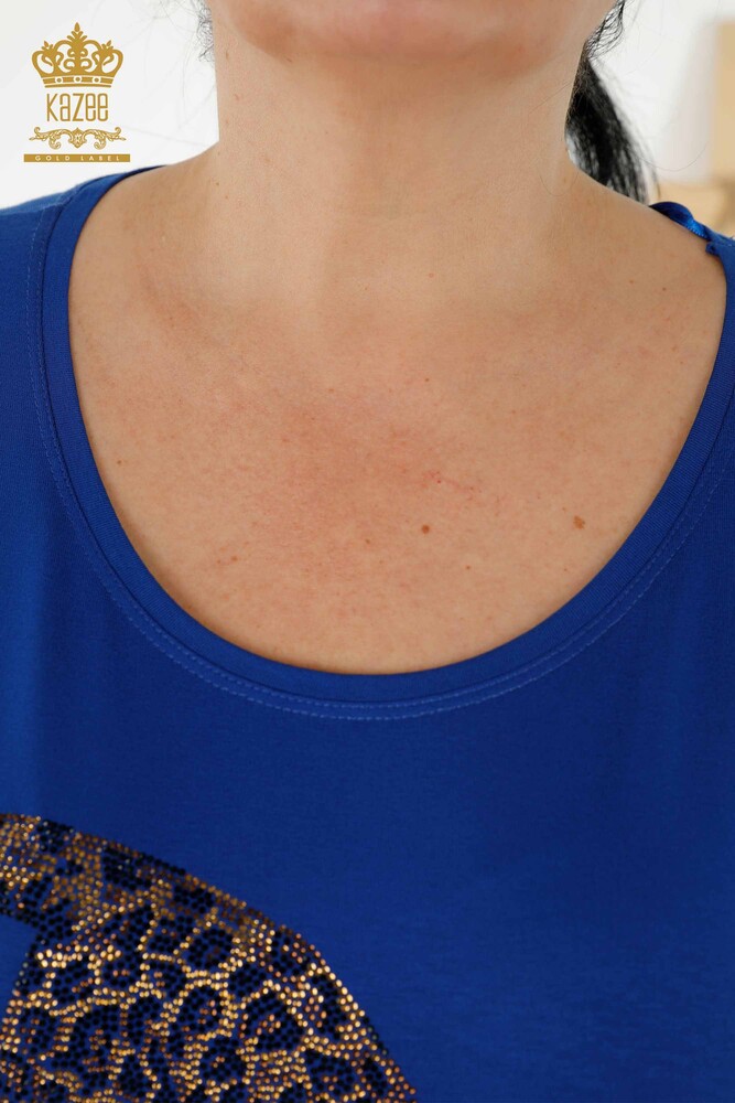 Toptan Kadın Bluz Kaplan Detaylı Saks - 77683 | KAZEE - 4