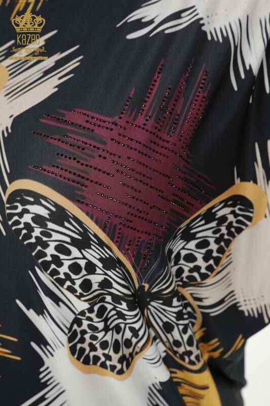 Toptan Kadın Bluz Kelebek Desenli Lacivert - 12051 | KAZEE