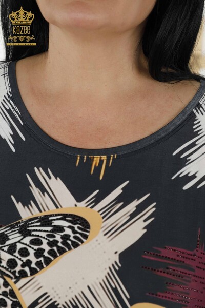 Toptan Kadın Bluz Kelebek Desenli Lacivert - 12051 | KAZEE - Thumbnail