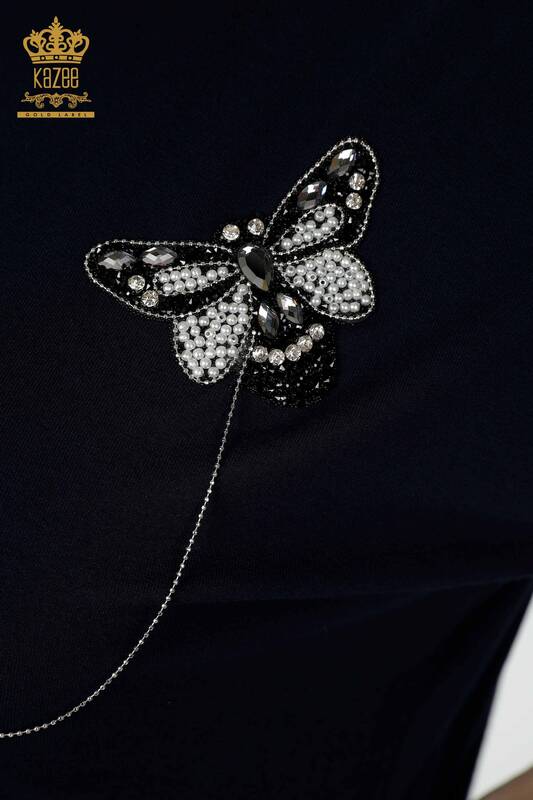 Toptan Kadın Bluz Kelebek Desenli Lacivert - 78933 | KAZEE