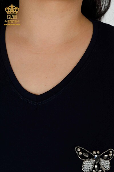 Toptan Kadın Bluz Kelebek Desenli Lacivert - 78933 | KAZEE - Thumbnail