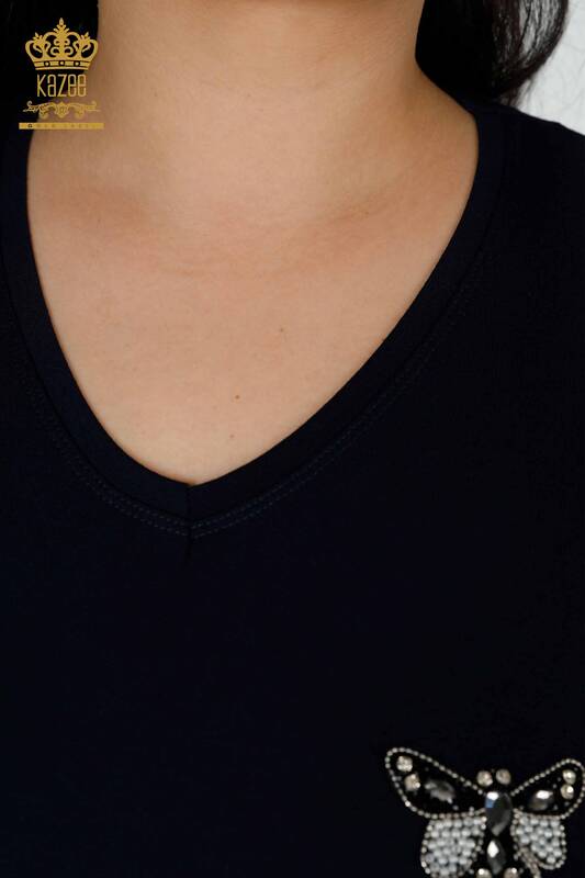Toptan Kadın Bluz Kelebek Desenli Lacivert - 78933 | KAZEE
