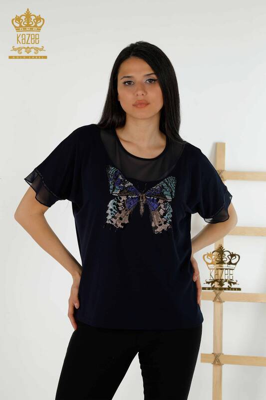 Toptan Kadın Bluz Kelebek Desenli Lacivert - 79103 | KAZEE