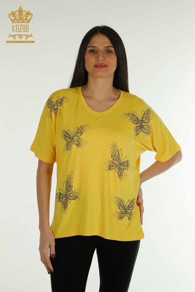 Toptan Kadın Bluz Kelebek Desenli Sarı - 79364 | KAZEE - Thumbnail