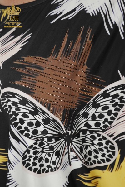 Toptan Kadın Bluz Kelebek Desenli Siyah - 12051 | KAZEE - Thumbnail