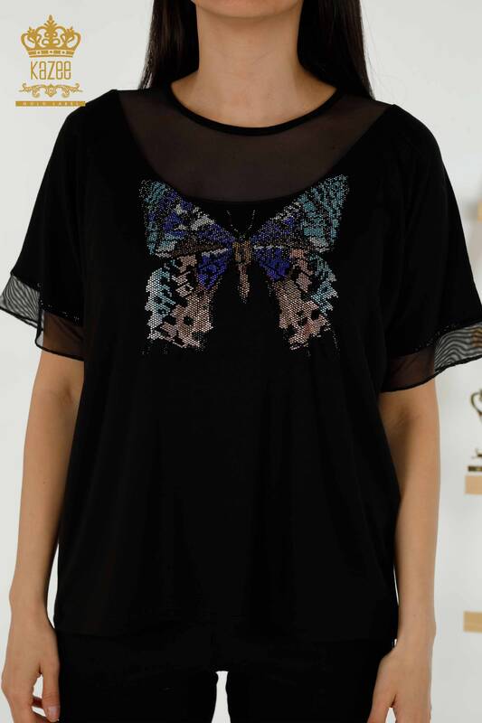 Toptan Kadın Bluz Kelebek Desenli Siyah - 79103 | KAZEE