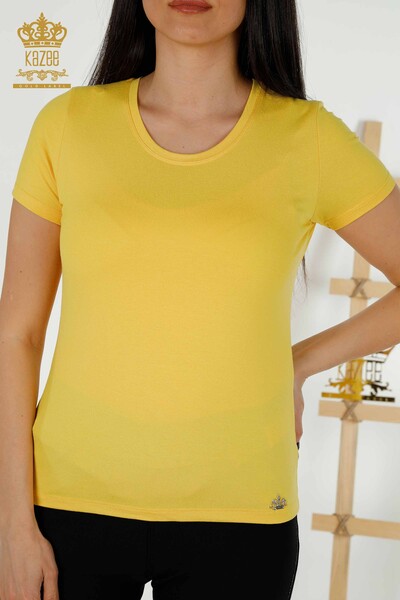 Toptan Kadın Bluz Kısa Kol Basic Sarı - 79287 | KAZEE - Thumbnail