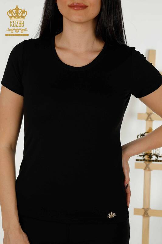 Toptan Kadın Bluz Kısa Kol Basic Siyah - 79287 | KAZEE