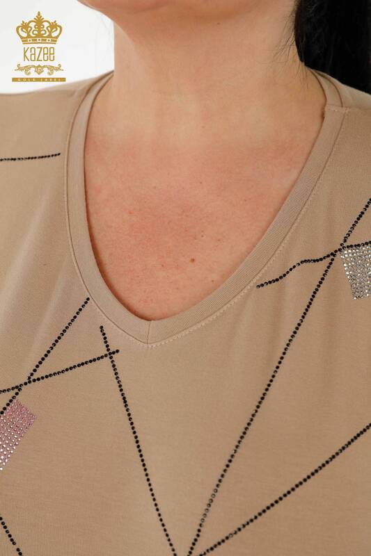 Toptan Kadın Bluz Kısa Kol Bej - 79288 | KAZEE