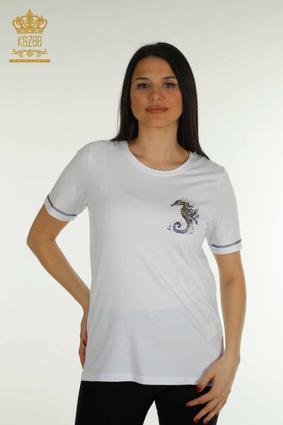 Toptan Kadın Bluz Kısa Kol Beyaz - 79511 | KAZEE - Thumbnail