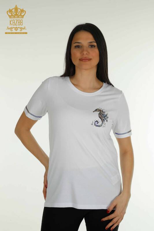 Toptan Kadın Bluz Kısa Kol Beyaz - 79511 | KAZEE