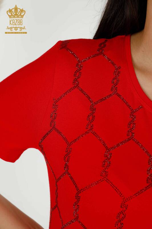 Toptan Kadın Bluz Kısa Kol Desenli Kırmızı - 79304 | KAZEE
