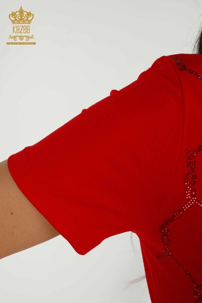 Toptan Kadın Bluz Kısa Kol Desenli Kırmızı - 79304 | KAZEE - Thumbnail