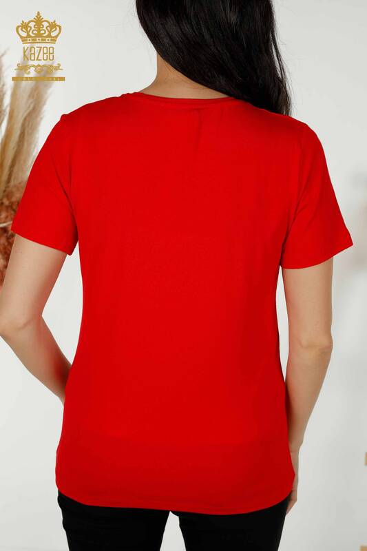 Toptan Kadın Bluz Kısa Kol Desenli Kırmızı - 79304 | KAZEE