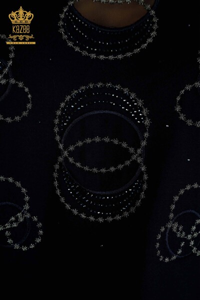 Toptan Kadın Bluz Kısa Kol Desenli Lacivert - 79094 | KAZEE - Thumbnail