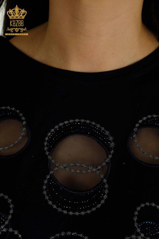 Toptan Kadın Bluz Kısa Kol Desenli Lacivert - 79094 | KAZEE