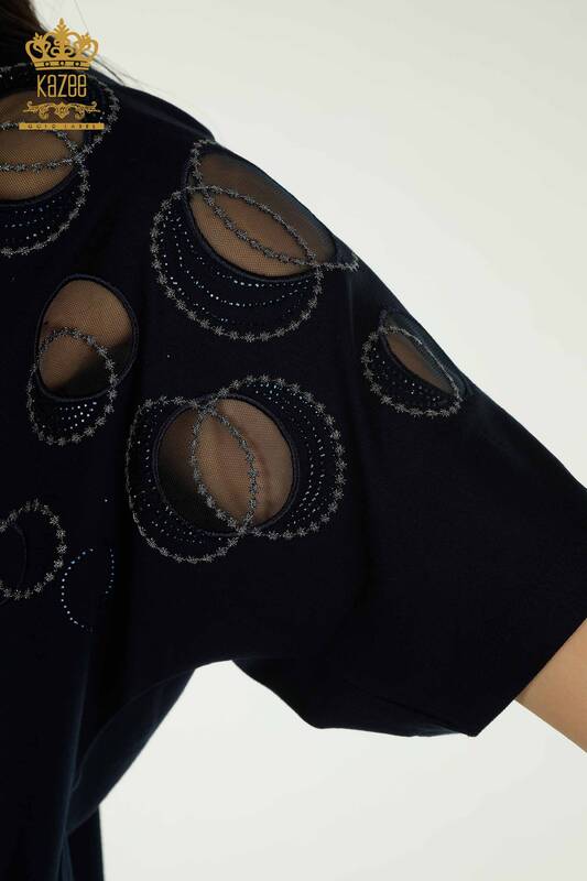 Toptan Kadın Bluz Kısa Kol Desenli Lacivert - 79094 | KAZEE