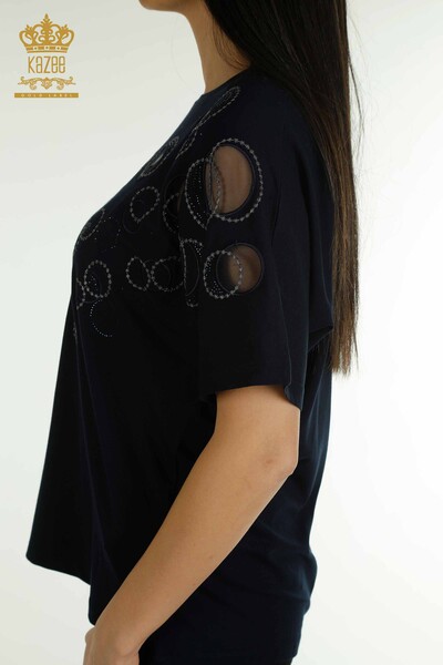 Toptan Kadın Bluz Kısa Kol Desenli Lacivert - 79094 | KAZEE - Thumbnail